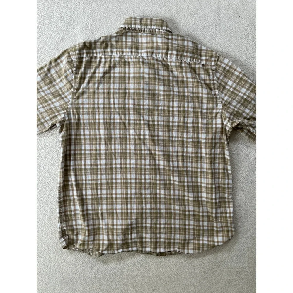 Banana Republic Mens Large Button Down Shirt Tan Plaid Untucked Fit Long Sleeve